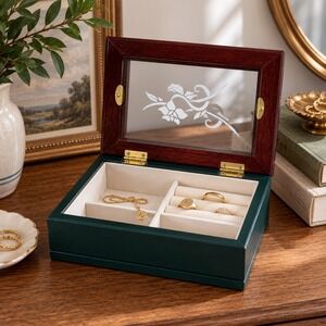 Vintage Wood Jewelry Box Glass Lid Ring Box Trinket Storage Keepsake Organizer